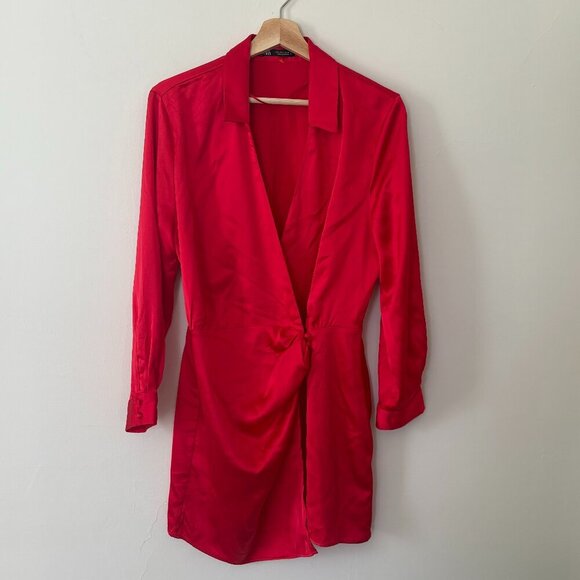 Zara Dresses & Skirts - Zara Red Satin Long Sleeve Wrap Dress - Size XL